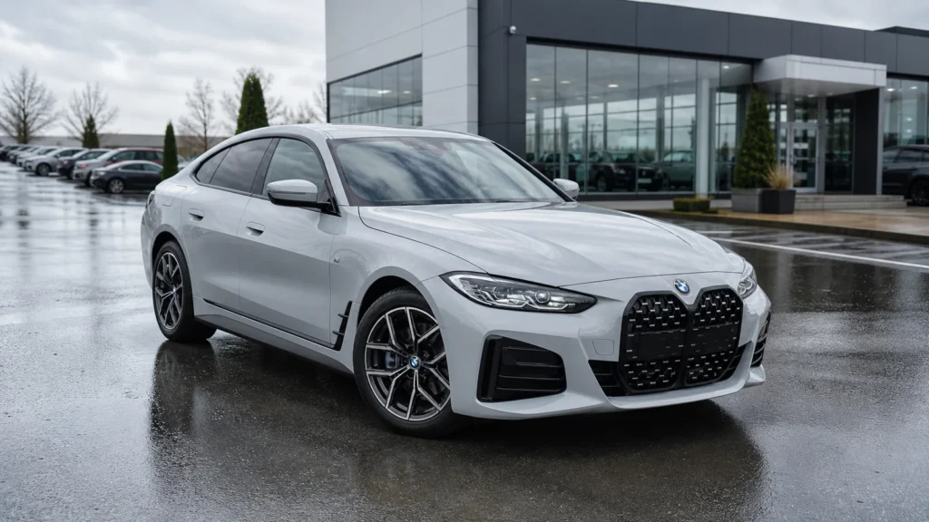 Világosszürke BMW 420i egy németországi márkakereskedés előtt
